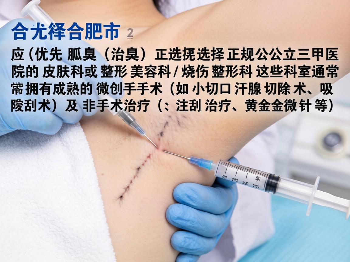 在合肥市，治疗狐臭（腋臭）应优先选择正规公立三甲医院的皮肤科或整形美容科/烧伤整形科。这些科室通常拥有成熟的微创手术（如小切口汗腺切除术、吸刮术）及非手术治疗（如注射治疗、黄金微针等）
