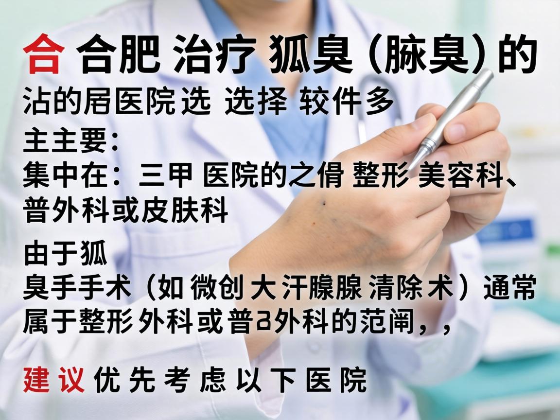 在合肥,治疗狐臭(腋臭)的医院选择较多,主要集中在三甲医院的整形美容科、普外科或皮肤科。由于狐臭手术(如微创大汗腺清除术)通常属于整形外科或普外科的范畴,建议优先考虑以下医院 在合肥,治疗狐臭(腋臭)的医院选择较多,主要集中在三甲医院的整形美容科、普外科或皮肤科。由于狐臭手术(如微创大汗腺清除术)通常属于整形外科或普外科的范畴,建议优先考虑以下医院