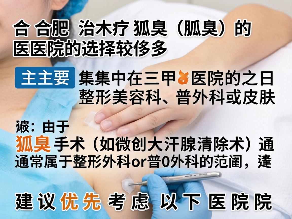 在合肥,治疗狐臭(腋臭)的医院选择较多,主要集中在三甲医院的整形美容科、普外科或皮肤科。由于狐臭手术(如微创大汗腺清除术)通常属于整形外科或普外科的范畴,建议优先考虑以下医院 在合肥,治疗狐臭(腋臭)的医院选择较多,主要集中在三甲医院的整形美容科、普外科或皮肤科。由于狐臭手术(如微创大汗腺清除术)通常属于整形外科或普外科的范畴,建议优先考虑以下医院