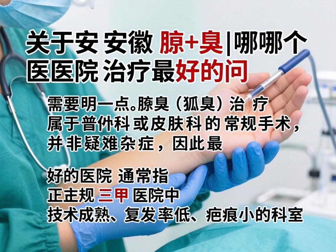 关于安徽腋臭哪个医院治疗最好的问题,需要明确一点,腋臭(狐臭)治疗属于普外科或皮肤科的常规手术,并非疑难杂症,因此最好的医院通常是指正规三甲医院中技术成熟、复发率低、疤痕小的科室 关于安徽腋臭哪个医院治疗最好的问题,需要明确一点,腋臭(狐臭)治疗属于普外科或皮肤科的常规手术,并非疑难杂症,因此最好的医院通常是指正规三甲医院中技术成熟、复发率低、疤痕小的科室