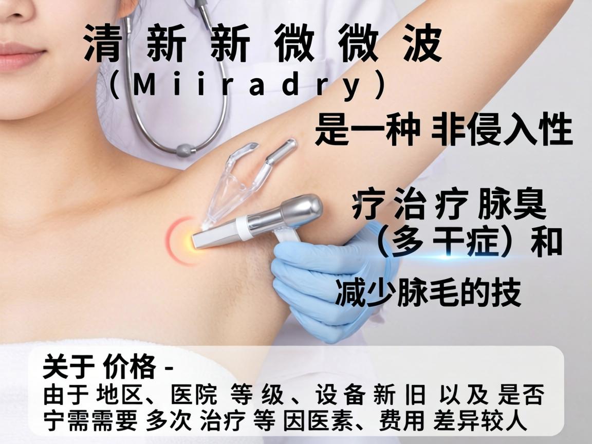 清新微波(Miradry)是一种非侵入性治疗腋臭(多汗症)和减少腋毛的技术。关于价格,由于地区、医院等级、设备新旧以及是否需要多次治疗等因素,费用差异较大 清新微波(Miradry)是一种非侵入性治疗腋臭(多汗症)和减少腋毛的技术。关于价格,由于地区、医院等级、设备新旧以及是否需要多次治疗等因素,费用差异较大