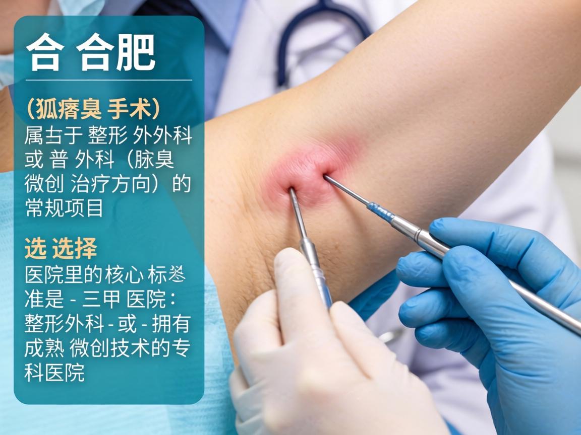 在合肥,腋臭手术(狐臭手术)属于整形外科或普外科(腋臭微创治疗方向)的常规项目。选择医院的核心标准是,三甲医院的整形外科 或 拥有成熟微创技术的专科医院 在合肥,腋臭手术(狐臭手术)属于整形外科或普外科(腋臭微创治疗方向)的常规项目。选择医院的核心标准是,三甲医院的整形外科 或 拥有成熟微创技术的专科医院