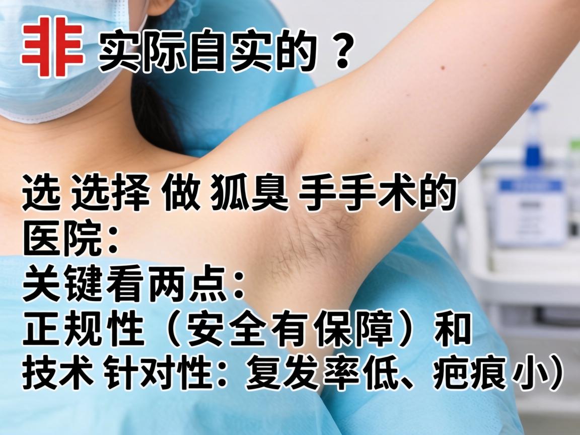 这是一个非常实际的问题。选择做狐臭手术的医院，关键看两点，正规性（安全有保障）和 技术针对性（复发率低、疤痕小）