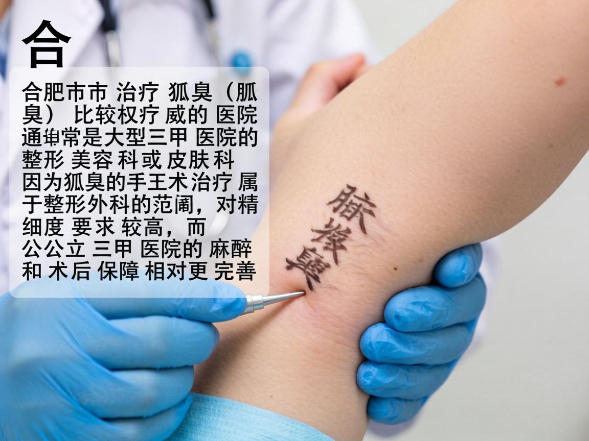 在合肥市,治疗狐臭(腋臭)比较权威的医院通常是大型三甲医院的整形美容科或皮肤科。因为狐臭的手术治疗属于整形外科的范畴,对精细度要求较高,而公立三甲医院的麻醉和术后保障相对更完善 在合肥市,治疗狐臭(腋臭)比较权威的医院通常是大型三甲医院的整形美容科或皮肤科。因为狐臭的手术治疗属于整形外科的范畴,对精细度要求较高,而公立三甲医院的麻醉和术后保障相对更完善