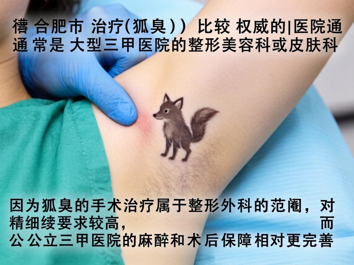 在合肥市,治疗狐臭(腋臭)比较权威的医院通常是大型三甲医院的整形美容科或皮肤科。因为狐臭的手术治疗属于整形外科的范畴,对精细度要求较高,而公立三甲医院的麻醉和术后保障相对更完善 在合肥市,治疗狐臭(腋臭)比较权威的医院通常是大型三甲医院的整形美容科或皮肤科。因为狐臭的手术治疗属于整形外科的范畴,对精细度要求较高,而公立三甲医院的麻醉和术后保障相对更完善