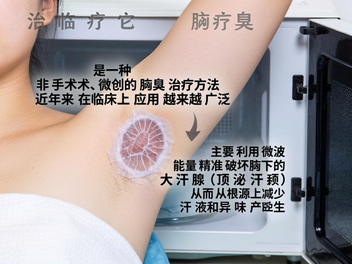 微波治疗腋臭是一种非手术、微创的腋臭治疗方法,近年来在临床上应用越来越广泛。它主要利用微波能量精准破坏腋下的大汗腺(顶泌汗腺)从而从根源上减少汗液和异味的产生 微波治疗腋臭是一种非手术、微创的腋臭治疗方法,近年来在临床上应用越来越广泛。它主要利用微波能量精准破坏腋下的大汗腺(顶泌汗腺)从而从根源上减少汗液和异味的产生