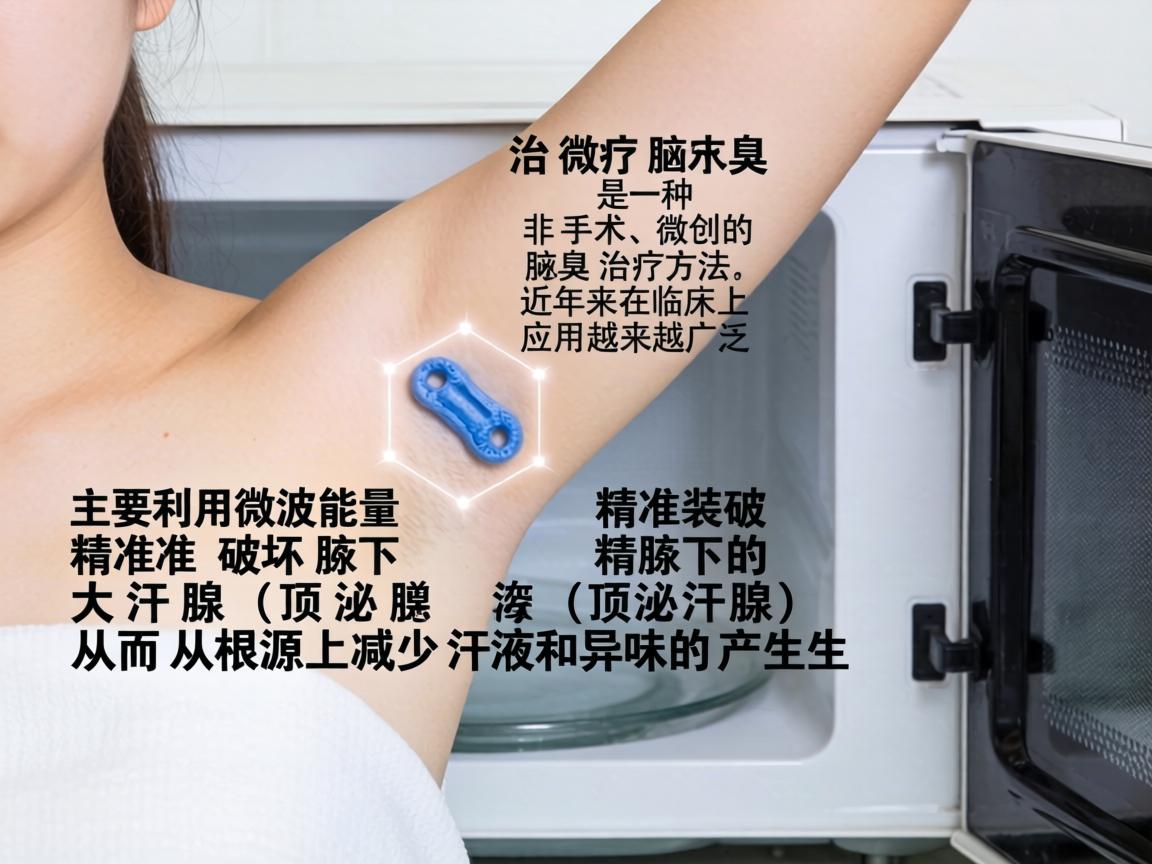 微波治疗腋臭是一种非手术、微创的腋臭治疗方法,近年来在临床上应用越来越广泛。它主要利用微波能量精准破坏腋下的大汗腺(顶泌汗腺)从而从根源上减少汗液和异味的产生 微波治疗腋臭是一种非手术、微创的腋臭治疗方法,近年来在临床上应用越来越广泛。它主要利用微波能量精准破坏腋下的大汗腺(顶泌汗腺)从而从根源上减少汗液和异味的产生