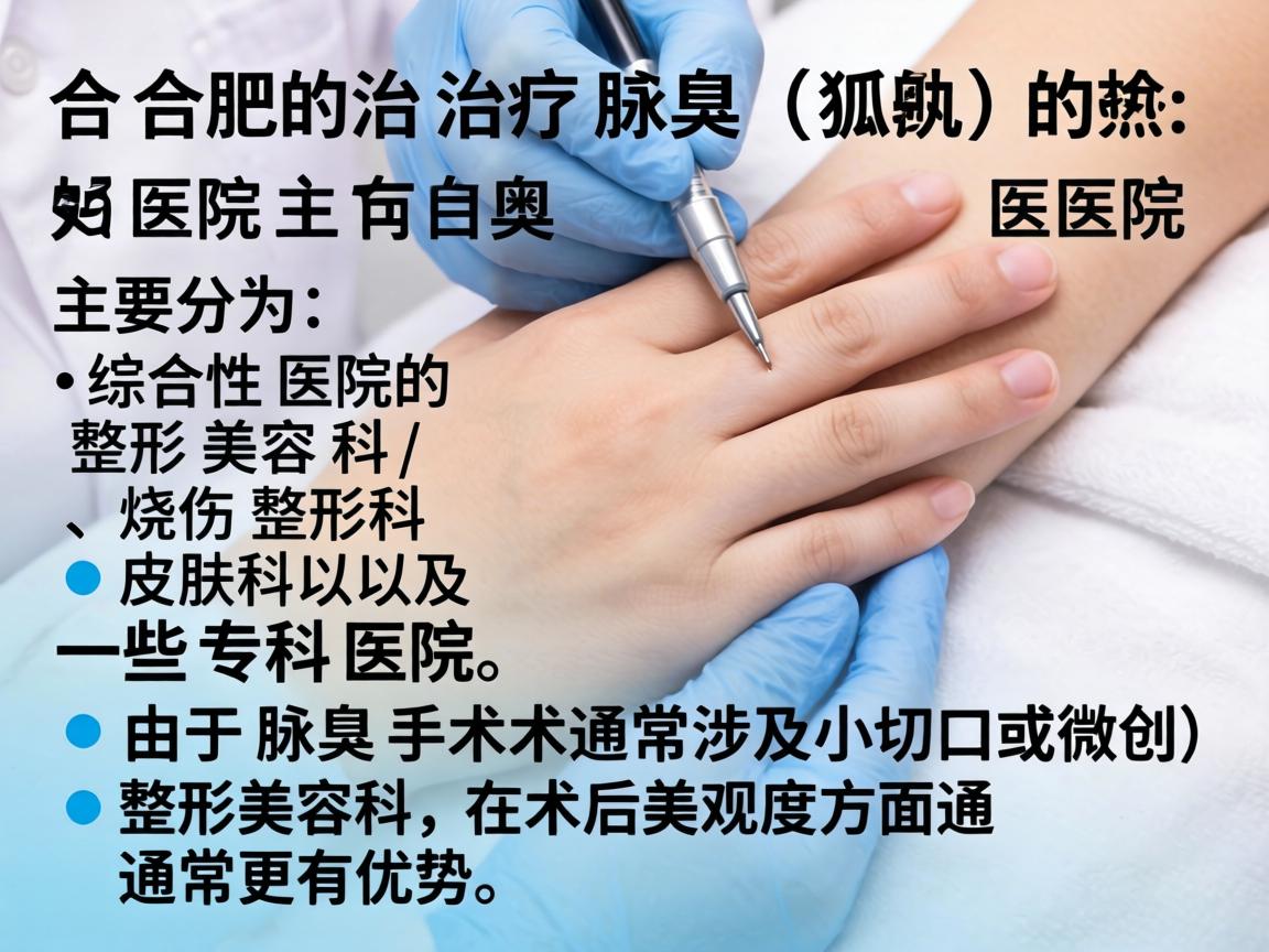在合肥,治疗腋臭(狐臭)的医院主要分为综合性医院的整形美容科/烧伤整形科、皮肤科以及一些专科医院。由于腋臭手术通常涉及小切口或微创,整形美容科在术后美观度方面通常更有优势 在合肥,治疗腋臭(狐臭)的医院主要分为综合性医院的整形美容科/烧伤整形科、皮肤科以及一些专科医院。由于腋臭手术通常涉及小切口或微创,整形美容科在术后美观度方面通常更有优势