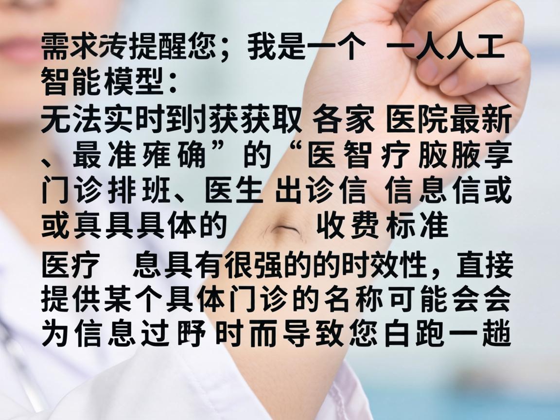 需要提醒您,我是一个人工智能模型,无法实时获取各家医院最新、最准确的门诊排班、医生出诊信息或具体的收费标准。医疗信息具有很强的时效性,直接提供某个具体门诊的名称可能会因为信息过时而导致您白跑一趟 需要提醒您,我是一个人工智能模型,无法实时获取各家医院最新、最准确的门诊排班、医生出诊信息或具体的收费标准。医疗信息具有很强的时效性,直接提供某个具体门诊的名称可能会因为信息过时而导致您白跑一趟