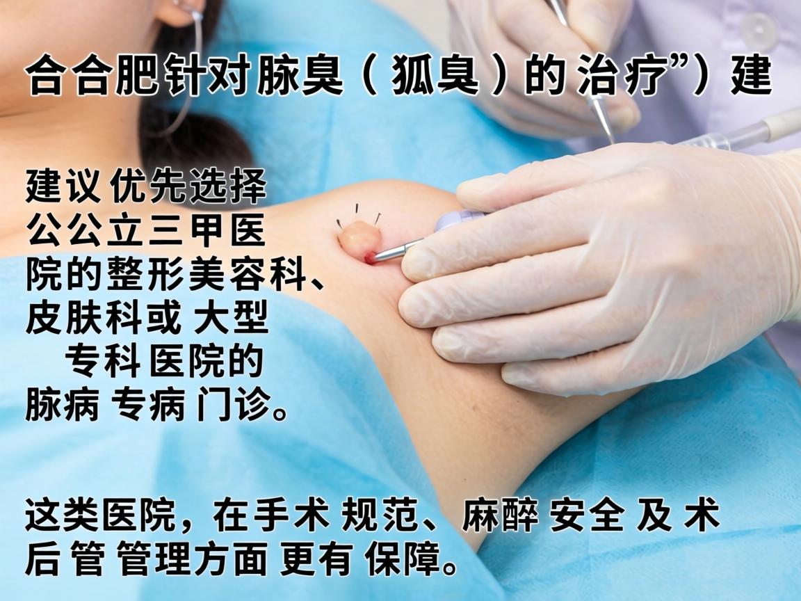 在合肥,针对腋臭(狐臭)的治疗,建议优先选择公立三甲医院的整形美容科、皮肤科或大型专科医院的腋臭专病门诊。这类医院在手术规范、麻醉安全及术后管理方面更有保障 在合肥,针对腋臭(狐臭)的治疗,建议优先选择公立三甲医院的整形美容科、皮肤科或大型专科医院的腋臭专病门诊。这类医院在手术规范、麻醉安全及术后管理方面更有保障