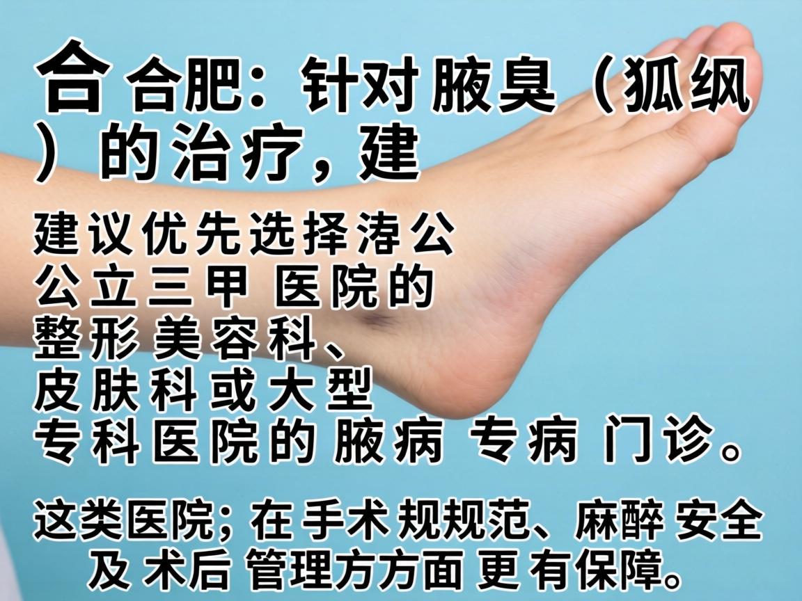 在合肥,针对腋臭(狐臭)的治疗,建议优先选择公立三甲医院的整形美容科、皮肤科或大型专科医院的腋臭专病门诊。这类医院在手术规范、麻醉安全及术后管理方面更有保障 在合肥,针对腋臭(狐臭)的治疗,建议优先选择公立三甲医院的整形美容科、皮肤科或大型专科医院的腋臭专病门诊。这类医院在手术规范、麻醉安全及术后管理方面更有保障