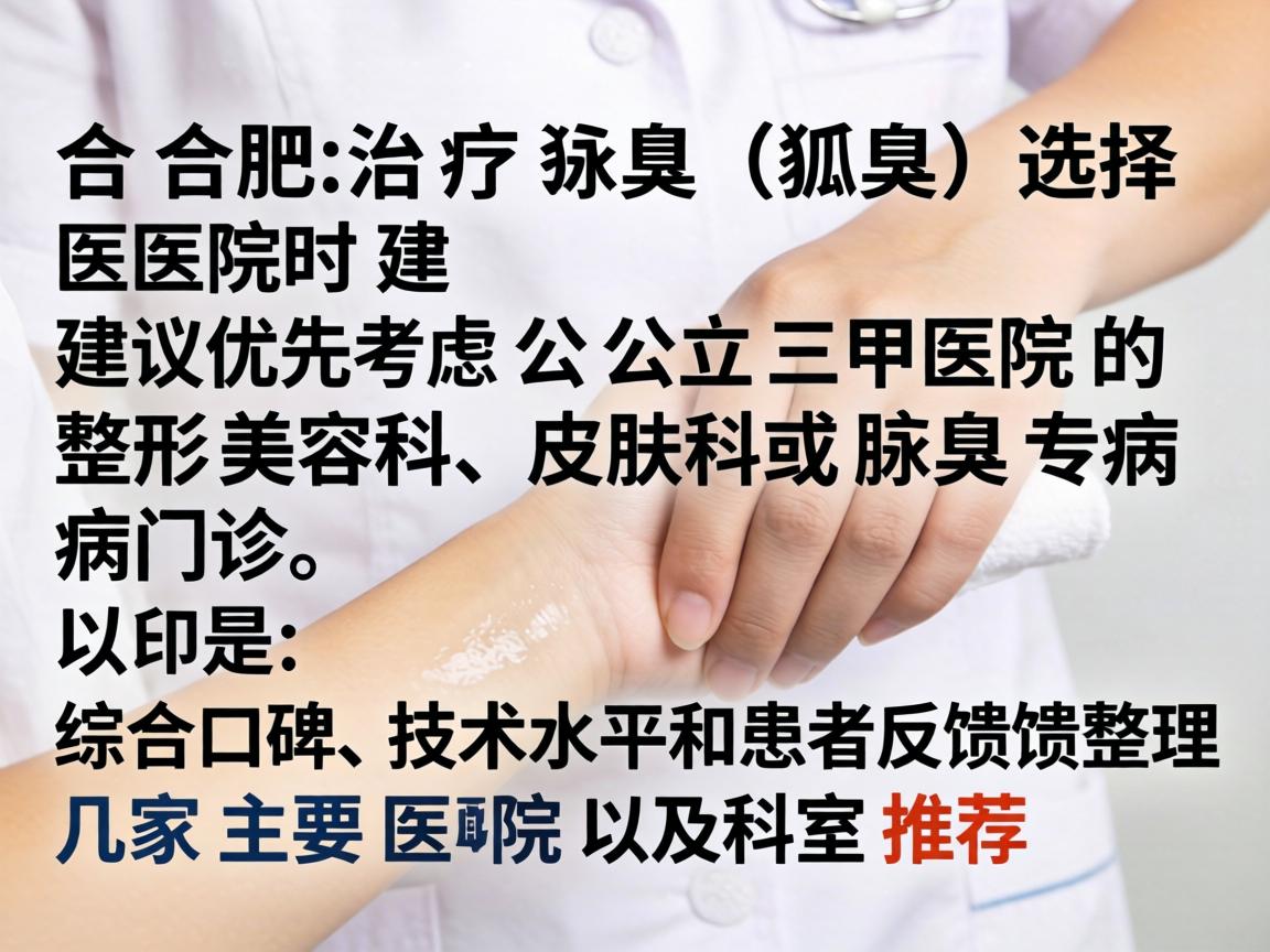 在合肥治疗狐臭(腋臭)选择医院时建议优先考虑公立三甲医院的整形美容科、皮肤科或腋臭专病门诊。以下是综合口碑、技术水平和患者反馈整理的几家主要医院及科室推荐 在合肥治疗狐臭(腋臭)选择医院时建议优先考虑公立三甲医院的整形美容科、皮肤科或腋臭专病门诊。以下是综合口碑、技术水平和患者反馈整理的几家主要医院及科室推荐