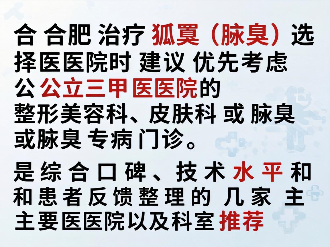 在合肥治疗狐臭(腋臭)选择医院时建议优先考虑公立三甲医院的整形美容科、皮肤科或腋臭专病门诊。以下是综合口碑、技术水平和患者反馈整理的几家主要医院及科室推荐 在合肥治疗狐臭(腋臭)选择医院时建议优先考虑公立三甲医院的整形美容科、皮肤科或腋臭专病门诊。以下是综合口碑、技术水平和患者反馈整理的几家主要医院及科室推荐