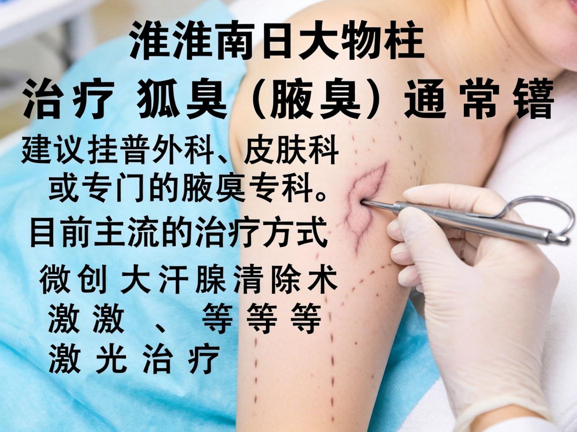 在淮南，治疗狐臭（腋臭）通常建议挂普外科、皮肤科或专门的腋臭专科。目前主流的治疗方式包括微创大汗腺清除术、激光治疗等