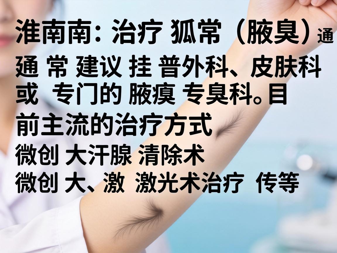 在淮南，治疗狐臭（腋臭）通常建议挂普外科、皮肤科或专门的腋臭专科。目前主流的治疗方式包括微创大汗腺清除术、激光治疗等