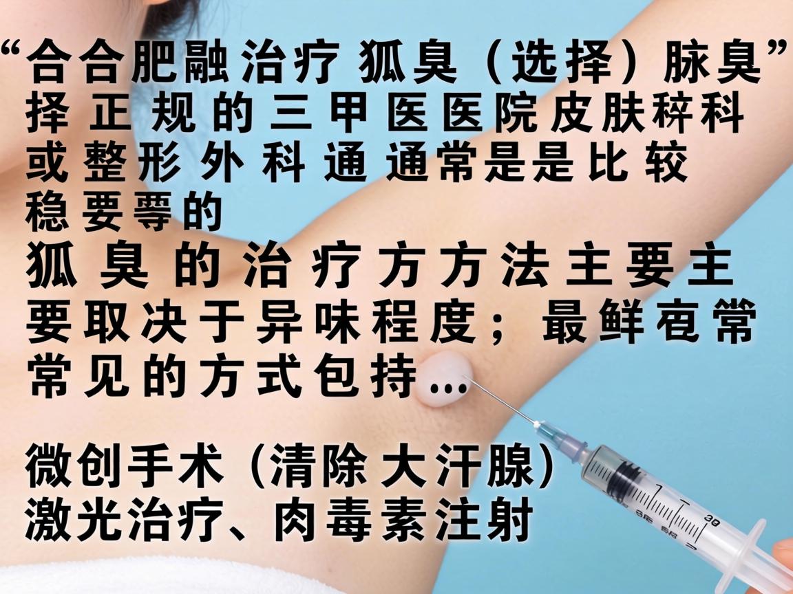 在合肥治疗狐臭（腋臭）选择正规的三甲医院皮肤科或整形外科通常是比较稳妥的。狐臭的治疗方法主要取决于异味程度，常见的方式包括，微创手术（清除大汗腺）激光治疗、肉毒素注射等