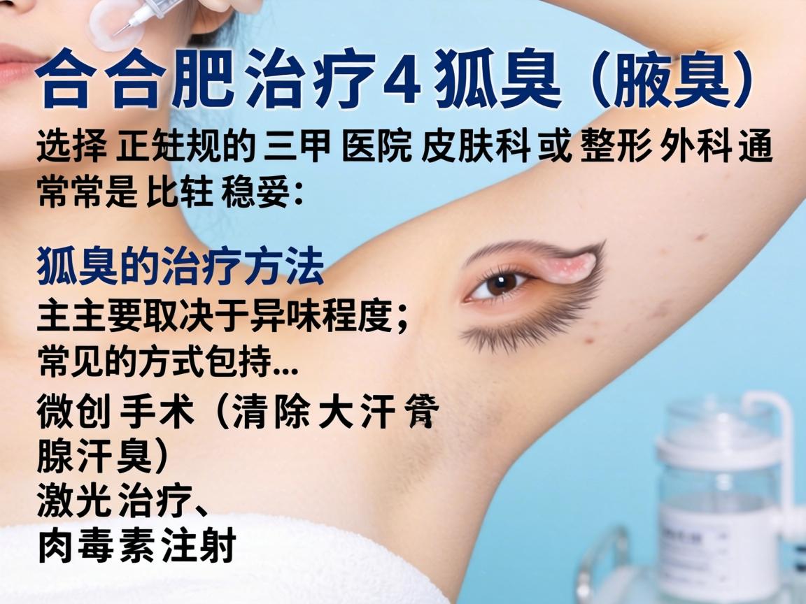 在合肥治疗狐臭（腋臭）选择正规的三甲医院皮肤科或整形外科通常是比较稳妥的。狐臭的治疗方法主要取决于异味程度，常见的方式包括，微创手术（清除大汗腺）激光治疗、肉毒素注射等