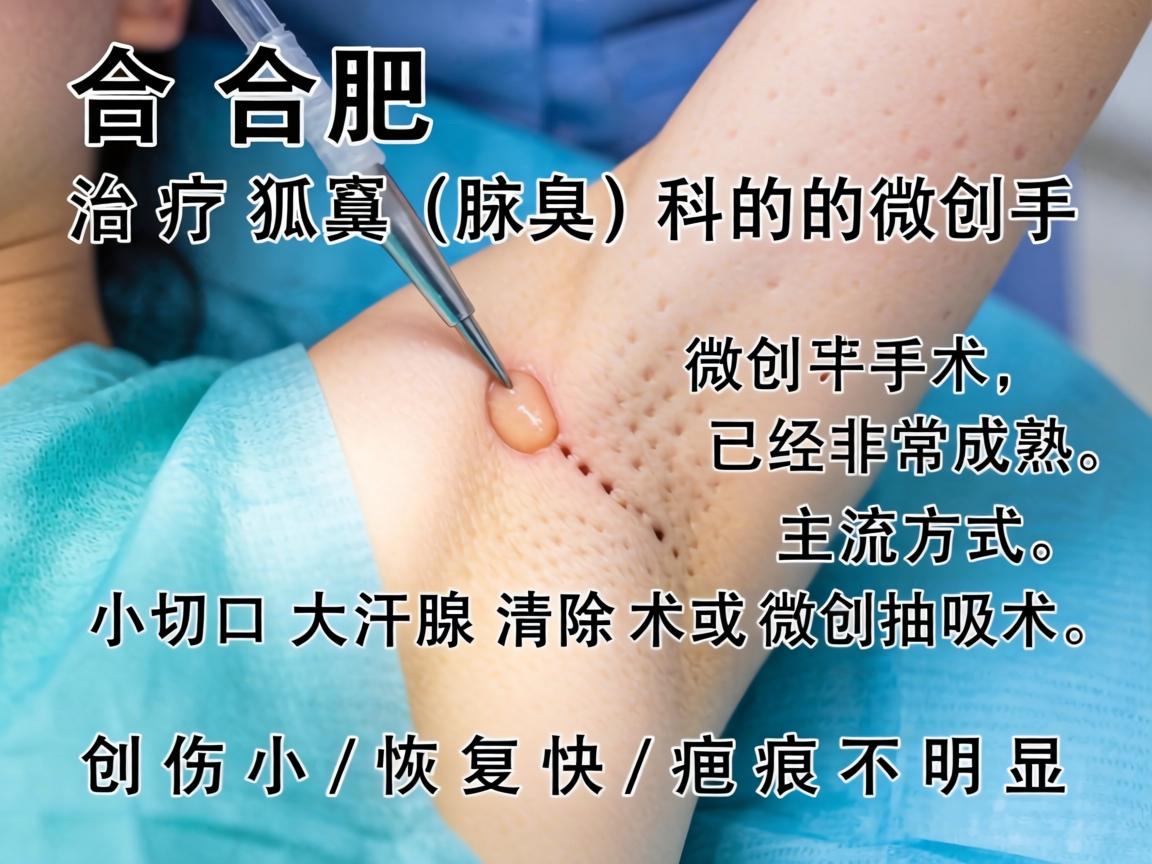 在合肥,治疗狐臭(腋臭)的微创手术已经非常成熟,主流方式是小切口大汗腺清除术或微创抽吸术,创伤小、恢复快、疤痕不明显 在合肥,治疗狐臭(腋臭)的微创手术已经非常成熟,主流方式是小切口大汗腺清除术或微创抽吸术,创伤小、恢复快、疤痕不明显