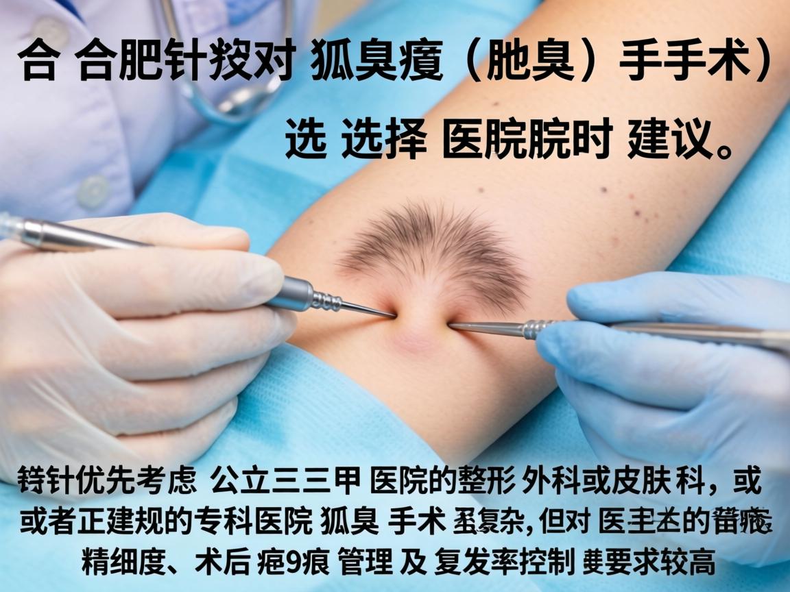 在合肥,针对狐臭(腋臭)手术,选择医院时建议优先考虑公立三甲医院的整形外科或皮肤科,或者正规的专科医院。狐臭手术虽不复杂,但对医生的精细度、术后疤痕管理及复发率控制要求较高 在合肥,针对狐臭(腋臭)手术,选择医院时建议优先考虑公立三甲医院的整形外科或皮肤科,或者正规的专科医院。狐臭手术虽不复杂,但对医生的精细度、术后疤痕管理及复发率控制要求较高