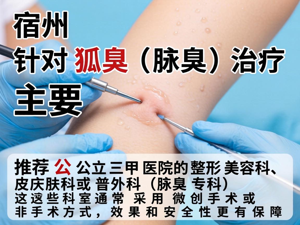 在宿州，针对狐臭（腋臭）的治疗，主要推荐公立三甲医院的整形美容科、皮肤科或普外科（腋臭专科）这些科室通常采用微创手术或非手术方式，效果和安全性更有保障
