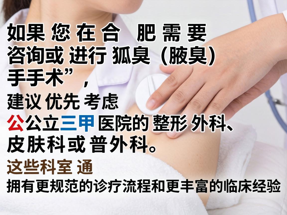如果您在合肥需要咨询或进行狐臭（腋臭）手术，建议优先考虑公立三甲医院的整形外科、皮肤科或普外科。这些科室通常拥有更规范的诊疗流程和更丰富的临床经验