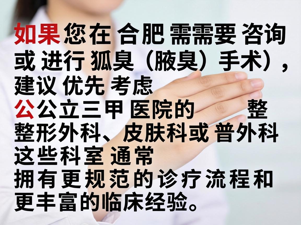 如果您在合肥需要咨询或进行狐臭（腋臭）手术，建议优先考虑公立三甲医院的整形外科、皮肤科或普外科。这些科室通常拥有更规范的诊疗流程和更丰富的临床经验