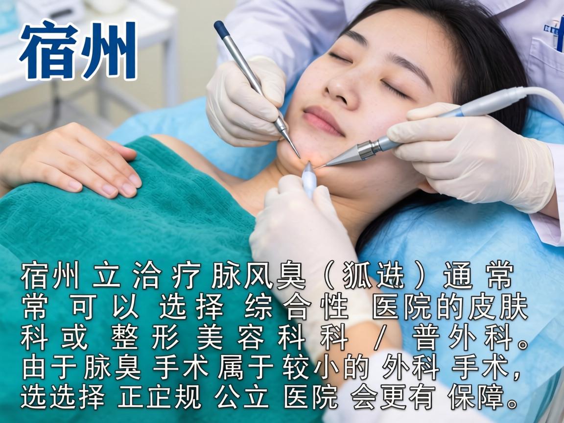 在宿州，治疗腋臭（狐臭）通常可以选择综合性医院的皮肤科或整形美容科/普外科。由于腋臭手术属于较小的外科手术，选择正规公立医院会更有保障