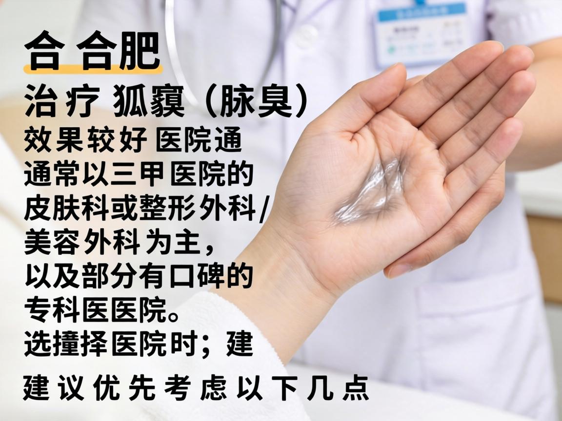 在合肥，治疗狐臭（腋臭）效果较好的医院通常以三甲医院的皮肤科或整形外科/美容外科为主，以及部分有口碑的专科医院。选择医院时，建议优先考虑以下几点