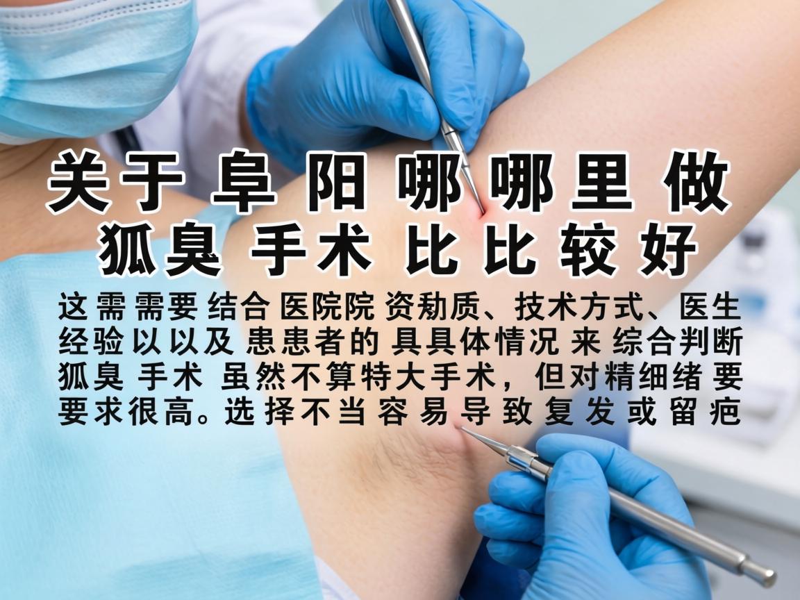 关于阜阳哪里做狐臭手术比较好，这需要结合医院资质、技术方式、医生经验以及患者的具体情况来综合判断。狐臭手术虽然不算特大手术，但对精细度要求很高，选择不当容易导致复发或留疤