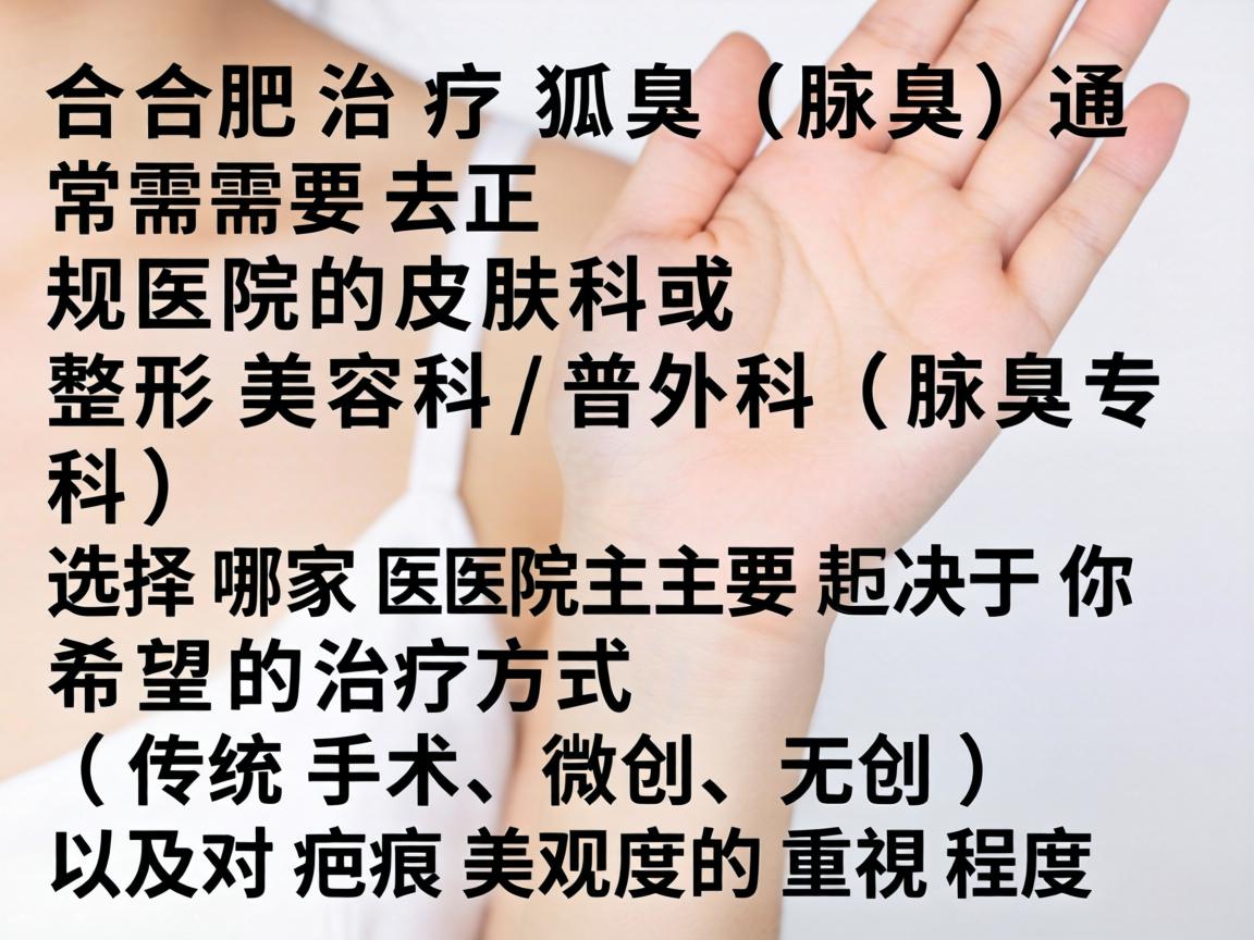 在合肥治疗狐臭（腋臭）通常需要去正规医院的皮肤科或整形美容科/普外科（腋臭专科）选择哪家医院主要取决于你希望的治疗方式（传统手术、微创、无创）以及对疤痕美观度的重视程度