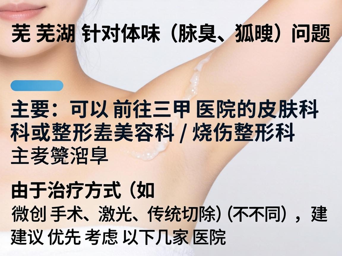 在芜湖，针对体味（腋臭、狐臭）问题，主要可以前往三甲医院的皮肤科或整形美容科/烧伤整形科。由于治疗方式（如微创手术、激光、传统切除）不同，建议优先考虑以下几家医院
