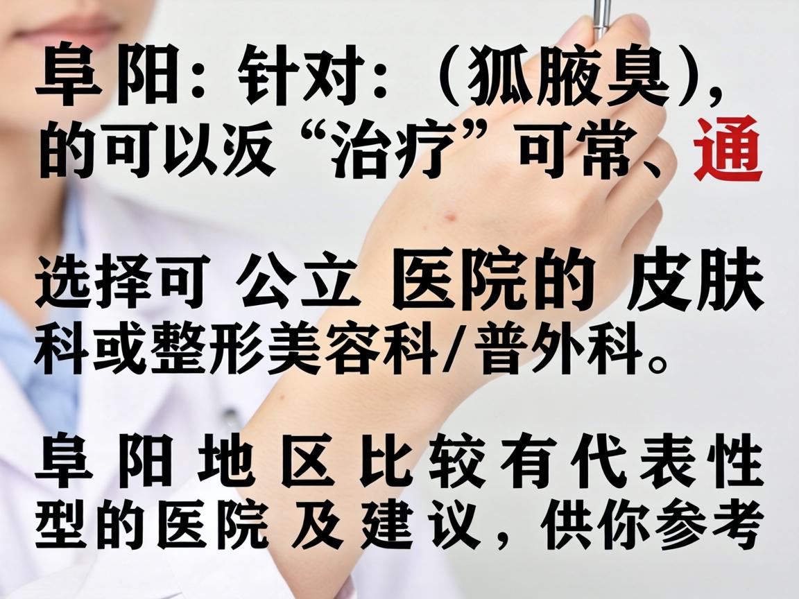 在阜阳，针对狐臭（腋臭）的治疗，通常可以选择公立医院的皮肤科或整形美容科/普外科。以下是阜阳地区比较有代表性的医院及建议，供你参考