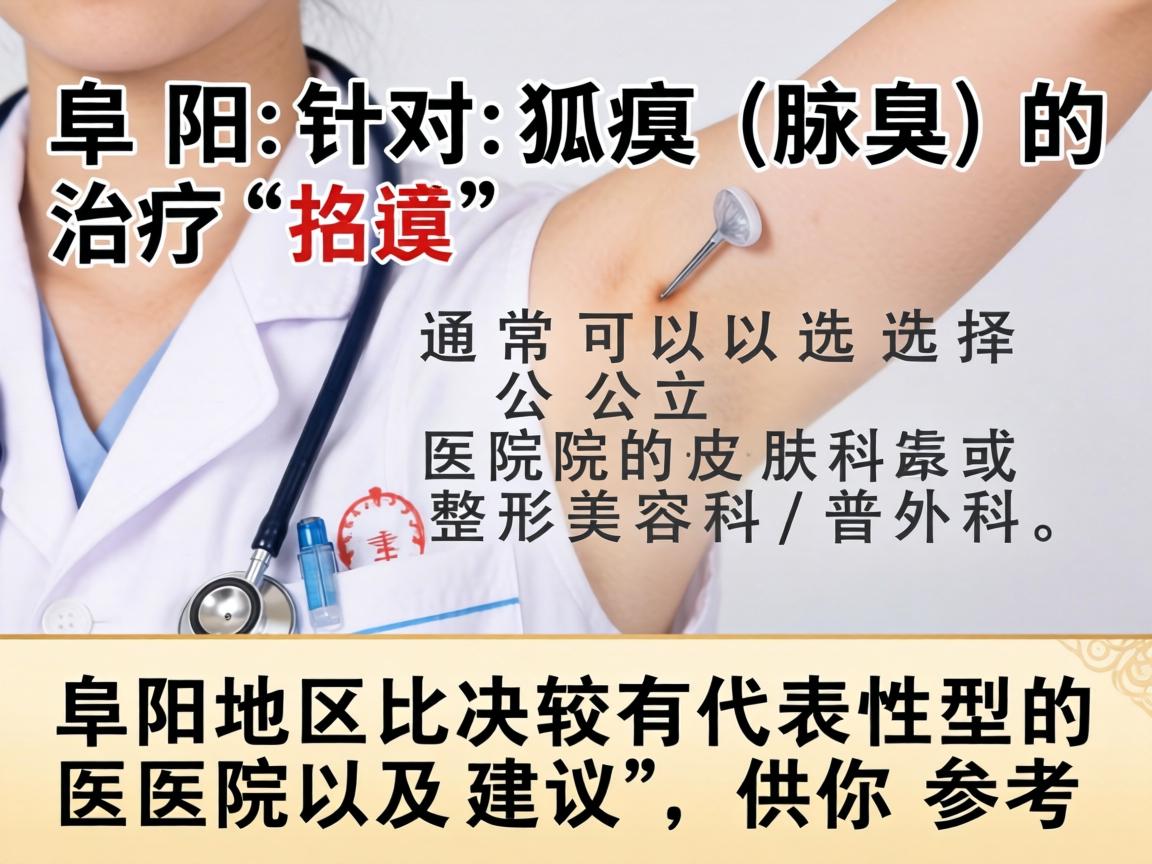 在阜阳，针对狐臭（腋臭）的治疗，通常可以选择公立医院的皮肤科或整形美容科/普外科。以下是阜阳地区比较有代表性的医院及建议，供你参考