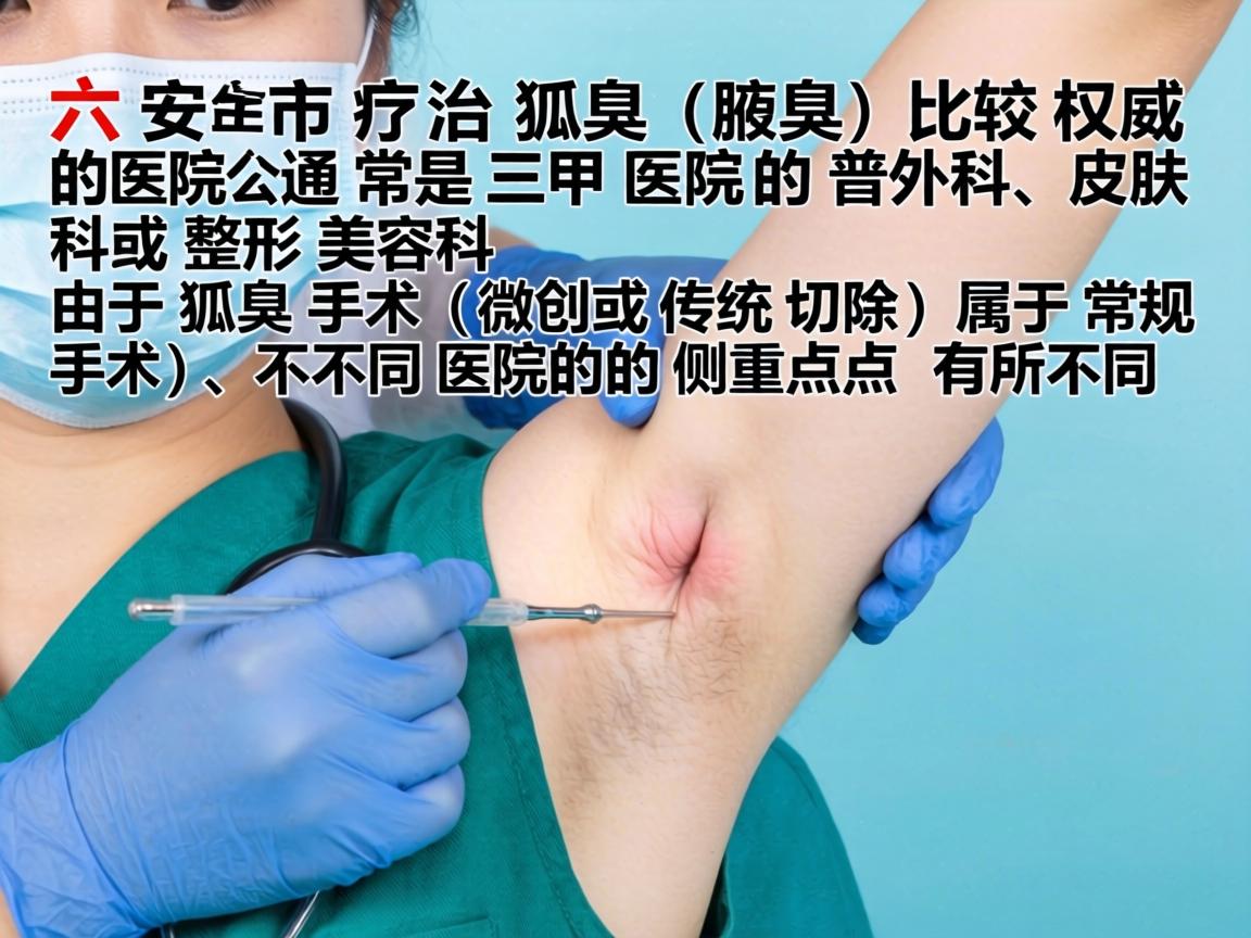 在六安市,治疗狐臭(腋臭)比较权威的医院通常是三甲医院的普外科、皮肤科或整形美容科。由于狐臭手术(微创或传统切除)属于常规手术,不同医院的侧重点有所不同 在六安市,治疗狐臭(腋臭)比较权威的医院通常是三甲医院的普外科、皮肤科或整形美容科。由于狐臭手术(微创或传统切除)属于常规手术,不同医院的侧重点有所不同