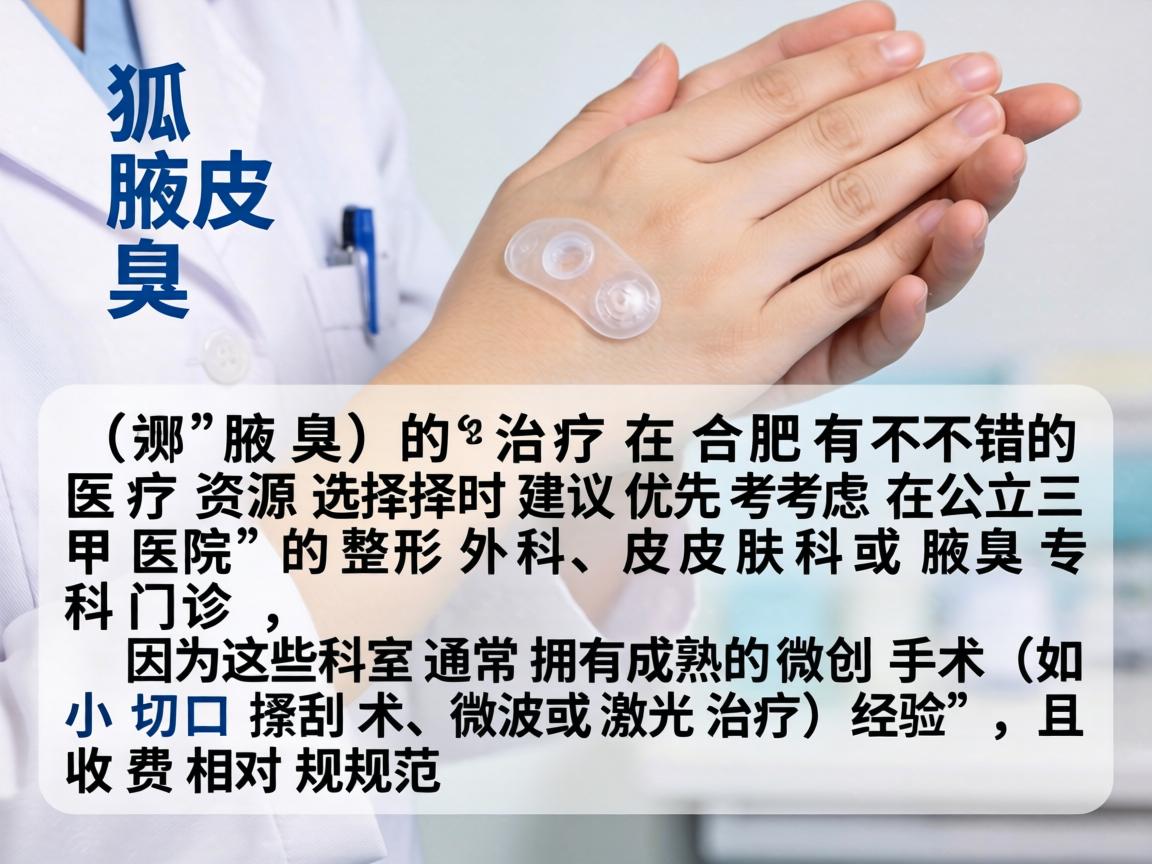狐臭(腋臭)的治疗在合肥有不错的医疗资源,选择时建议优先考虑公立三甲医院的整形外科、皮肤科或腋臭专科门诊,因为这些科室通常拥有成熟的微创手术(如小切口搔刮术、微波或激光治疗)经验,且收费相对规范 狐臭(腋臭)的治疗在合肥有不错的医疗资源,选择时建议优先考虑公立三甲医院的整形外科、皮肤科或腋臭专科门诊,因为这些科室通常拥有成熟的微创手术(如小切口搔刮术、微波或激光治疗)经验,且收费相对规范