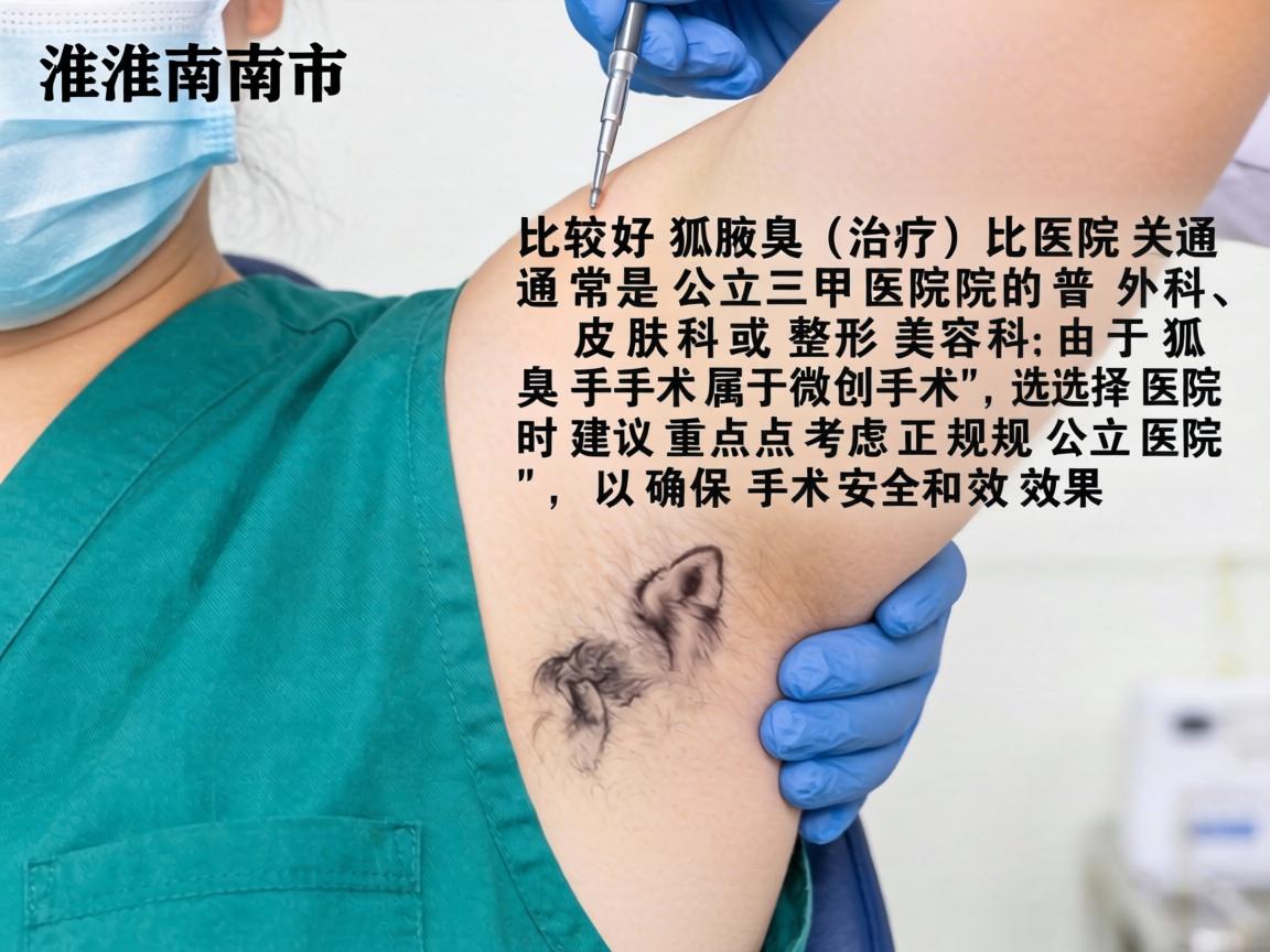 在淮南市,治疗狐臭(腋臭)比较好的医院通常是公立三甲医院的普外科、皮肤科或整形美容科。由于狐臭手术属于微创手术,选择医院时建议重点考虑正规公立医院,以确保手术安全和效果 在淮南市,治疗狐臭(腋臭)比较好的医院通常是公立三甲医院的普外科、皮肤科或整形美容科。由于狐臭手术属于微创手术,选择医院时建议重点考虑正规公立医院,以确保手术安全和效果
