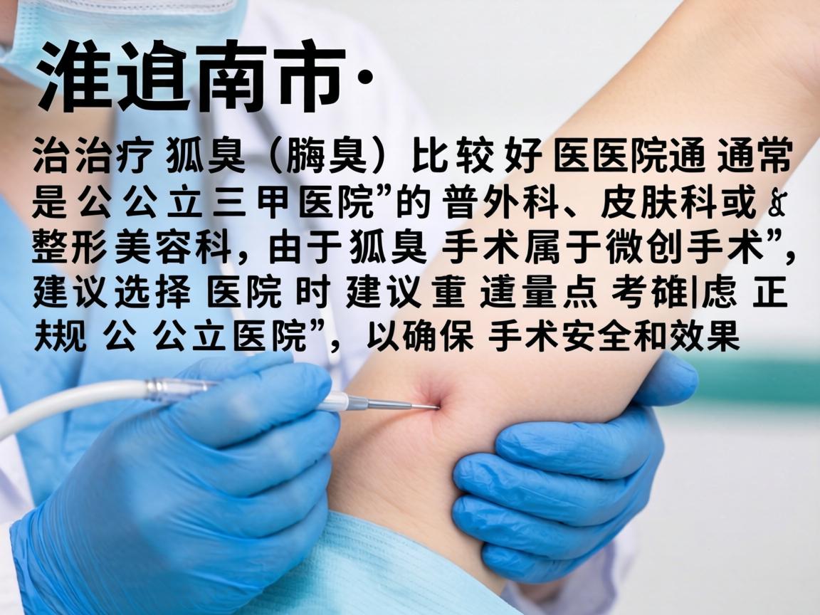 在淮南市,治疗狐臭(腋臭)比较好的医院通常是公立三甲医院的普外科、皮肤科或整形美容科。由于狐臭手术属于微创手术,选择医院时建议重点考虑正规公立医院,以确保手术安全和效果 在淮南市,治疗狐臭(腋臭)比较好的医院通常是公立三甲医院的普外科、皮肤科或整形美容科。由于狐臭手术属于微创手术,选择医院时建议重点考虑正规公立医院,以确保手术安全和效果