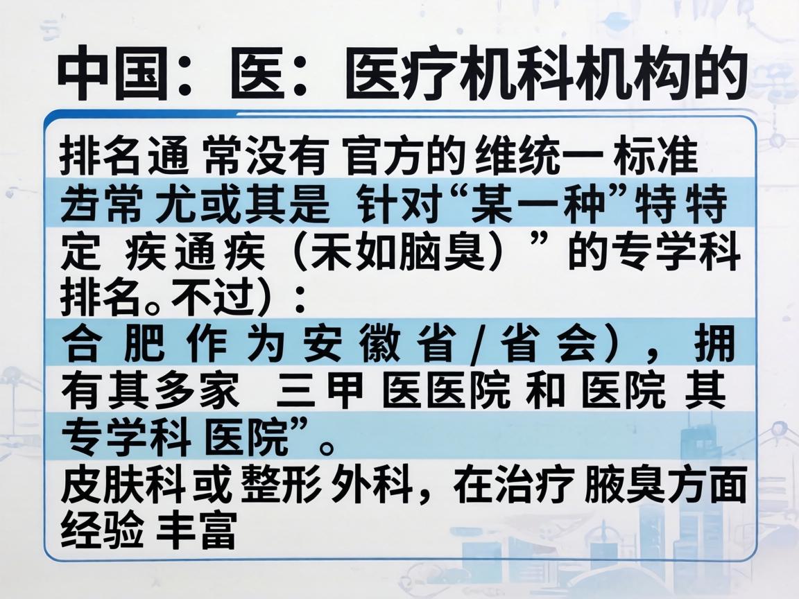 在中国,医疗机构的排名通常没有官方的统一标准,尤其是针对某一种特定疾病(如腋臭)的专科排名。不过,合肥作为安徽省的省会,拥有多家三甲医院和专科医院,其皮肤科或整形外科在治疗腋臭方面经验丰富 在中国,医疗机构的排名通常没有官方的统一标准,尤其是针对某一种特定疾病(如腋臭)的专科排名。不过,合肥作为安徽省的省会,拥有多家三甲医院和专科医院,其皮肤科或整形外科在治疗腋臭方面经验丰富