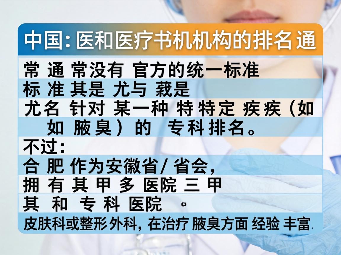 在中国,医疗机构的排名通常没有官方的统一标准,尤其是针对某一种特定疾病(如腋臭)的专科排名。不过,合肥作为安徽省的省会,拥有多家三甲医院和专科医院,其皮肤科或整形外科在治疗腋臭方面经验丰富 在中国,医疗机构的排名通常没有官方的统一标准,尤其是针对某一种特定疾病(如腋臭)的专科排名。不过,合肥作为安徽省的省会,拥有多家三甲医院和专科医院,其皮肤科或整形外科在治疗腋臭方面经验丰富