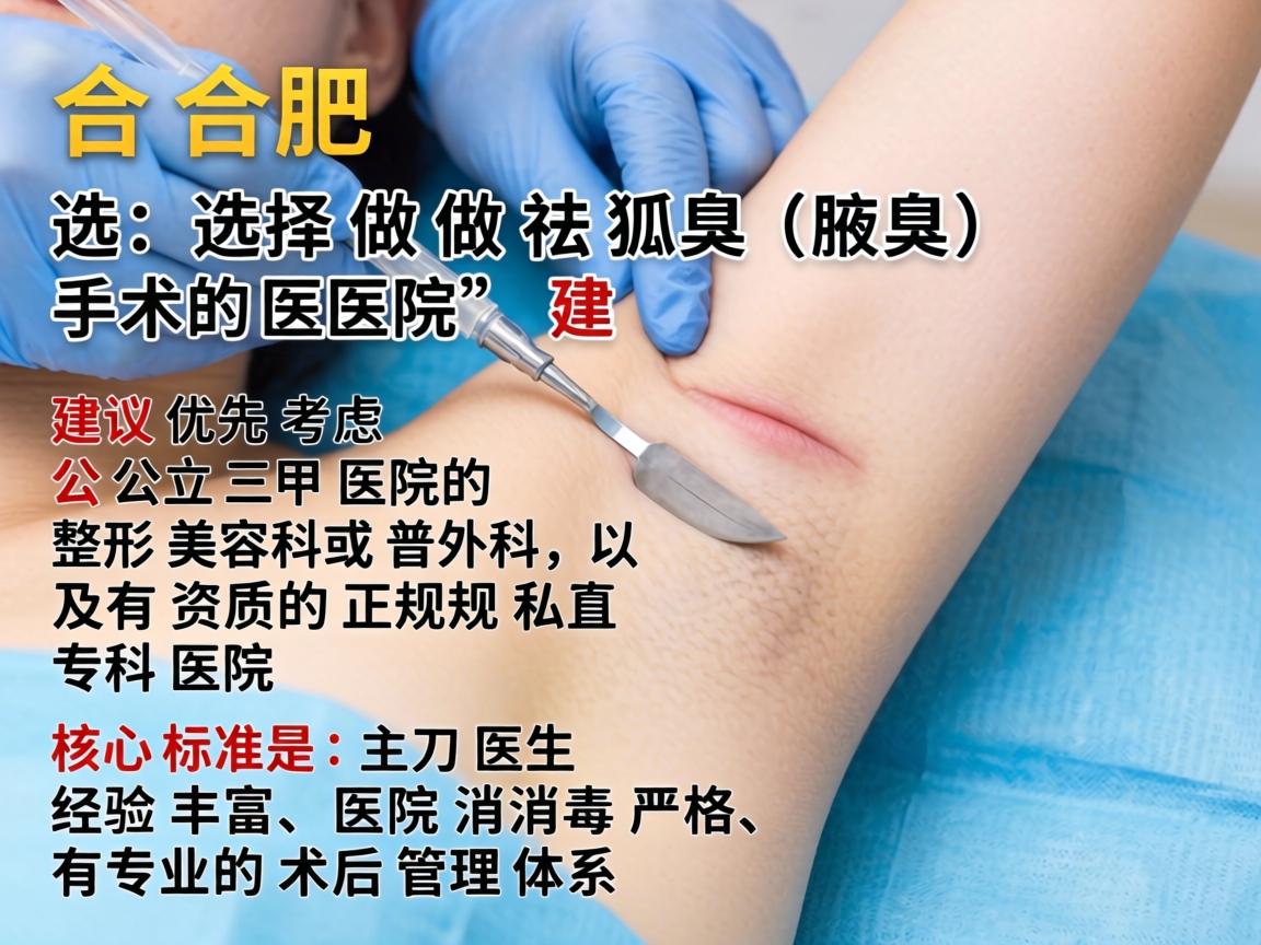 在合肥,选择做祛狐臭(腋臭)手术的医院,建议优先考虑公立三甲医院的整形美容科或普外科,以及有资质的正规私立专科医院。核心标准是,主刀医生经验丰富、医院消毒严格、有专业的术后管理体系 在合肥,选择做祛狐臭(腋臭)手术的医院,建议优先考虑公立三甲医院的整形美容科或普外科,以及有资质的正规私立专科医院。核心标准是,主刀医生经验丰富、医院消毒严格、有专业的术后管理体系
