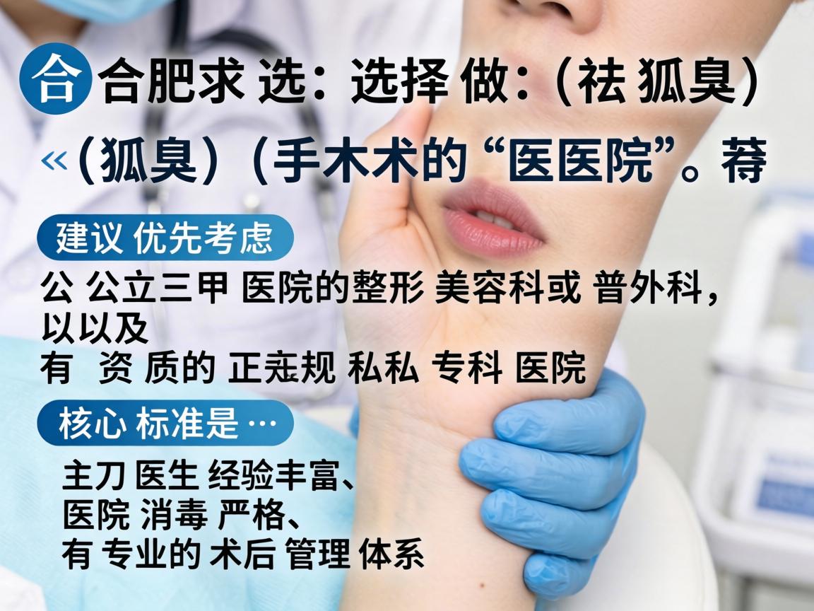 在合肥,选择做祛狐臭(腋臭)手术的医院,建议优先考虑公立三甲医院的整形美容科或普外科,以及有资质的正规私立专科医院。核心标准是,主刀医生经验丰富、医院消毒严格、有专业的术后管理体系 在合肥,选择做祛狐臭(腋臭)手术的医院,建议优先考虑公立三甲医院的整形美容科或普外科,以及有资质的正规私立专科医院。核心标准是,主刀医生经验丰富、医院消毒严格、有专业的术后管理体系