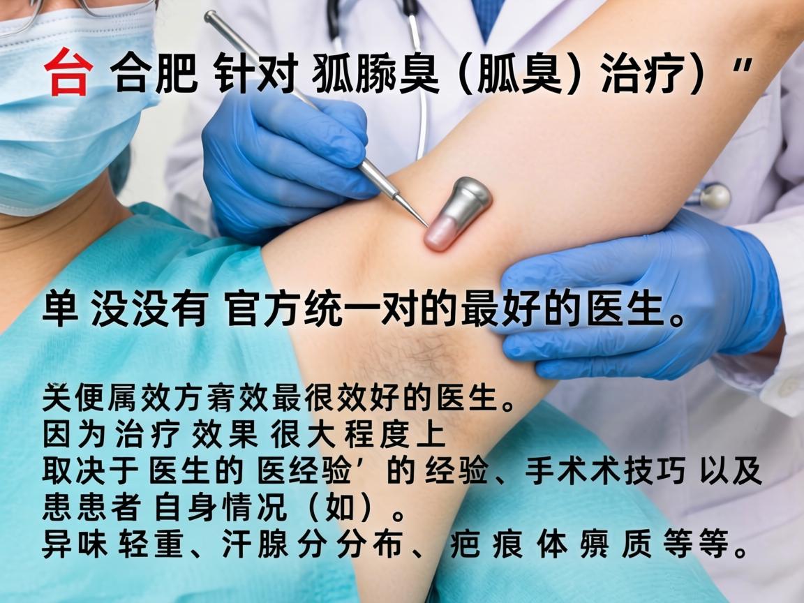 在合肥,针对狐臭(腋臭)治疗,并没有官方统一的最好的医生,因为治疗效果很大程度上取决于医生的经验、手术技巧以及患者自身情况(如异味轻重、汗腺分布、疤痕体质等) 在合肥,针对狐臭(腋臭)治疗,并没有官方统一的最好的医生,因为治疗效果很大程度上取决于医生的经验、手术技巧以及患者自身情况(如异味轻重、汗腺分布、疤痕体质等)
