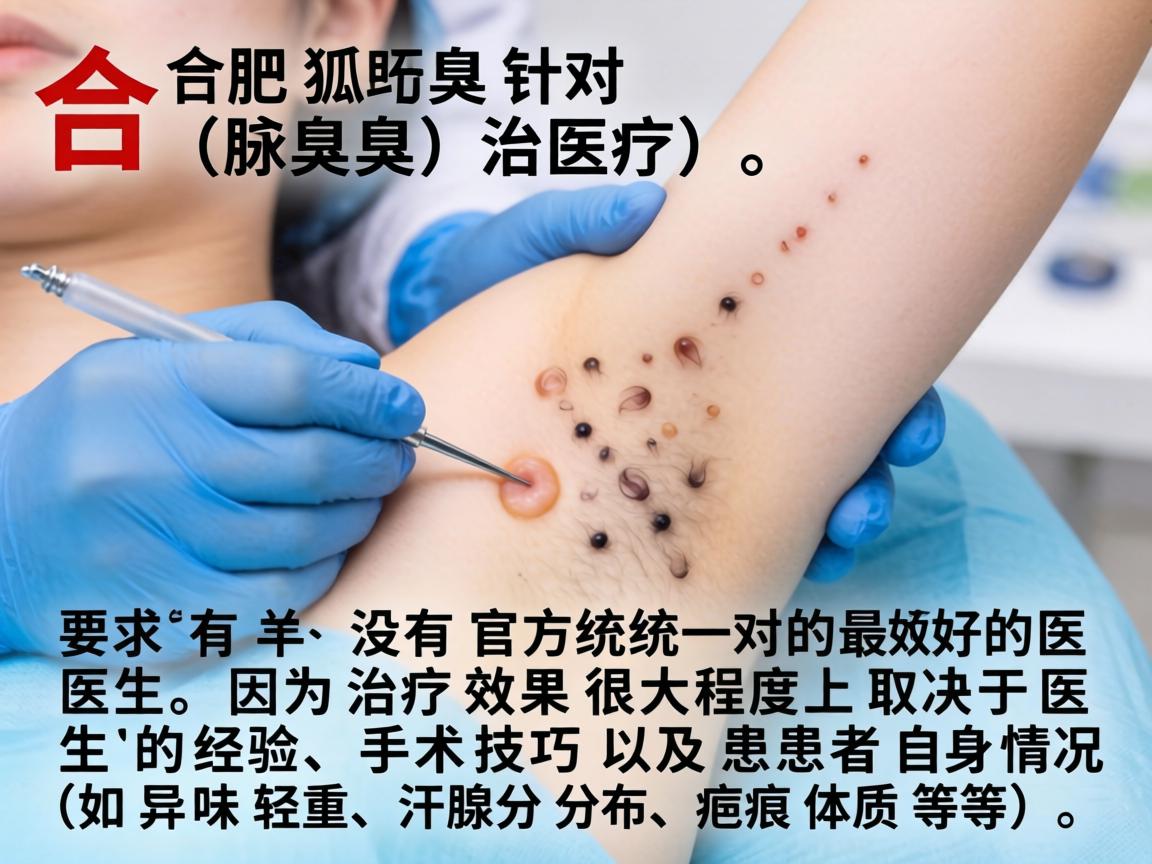 在合肥,针对狐臭(腋臭)治疗,并没有官方统一的最好的医生,因为治疗效果很大程度上取决于医生的经验、手术技巧以及患者自身情况(如异味轻重、汗腺分布、疤痕体质等) 在合肥,针对狐臭(腋臭)治疗,并没有官方统一的最好的医生,因为治疗效果很大程度上取决于医生的经验、手术技巧以及患者自身情况(如异味轻重、汗腺分布、疤痕体质等)