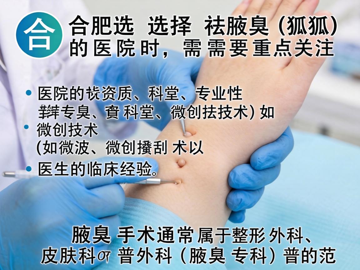 在合肥选择祛腋臭（狐臭）的医院时，需要重点关注医院的资质、科室专业性、微创技术（如微波、微创搔刮术）以及医生的临床经验。腋臭手术通常属于整形外科、皮肤科或普外科（腋臭专科）的范畴