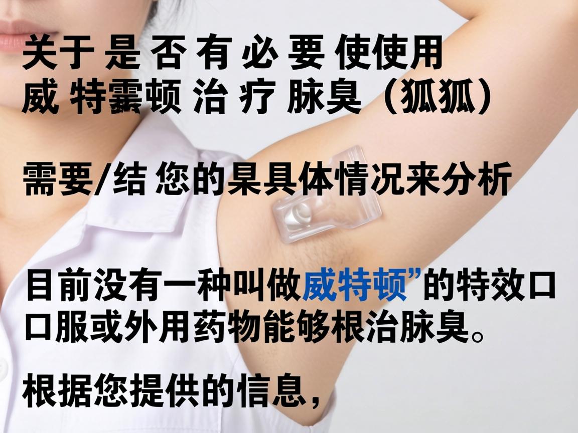 关于是否有必要使用威特顿治疗腋臭(狐臭)需要结合您的具体情况来分析。目前没有一种叫做威特顿的特效口服或外用药物能够根治腋臭。根据您提供的信息,我推测您可能是指以下某种情况 关于是否有必要使用威特顿治疗腋臭(狐臭)需要结合您的具体情况来分析。目前没有一种叫做威特顿的特效口服或外用药物能够根治腋臭。根据您提供的信息,我推测您可能是指以下某种情况