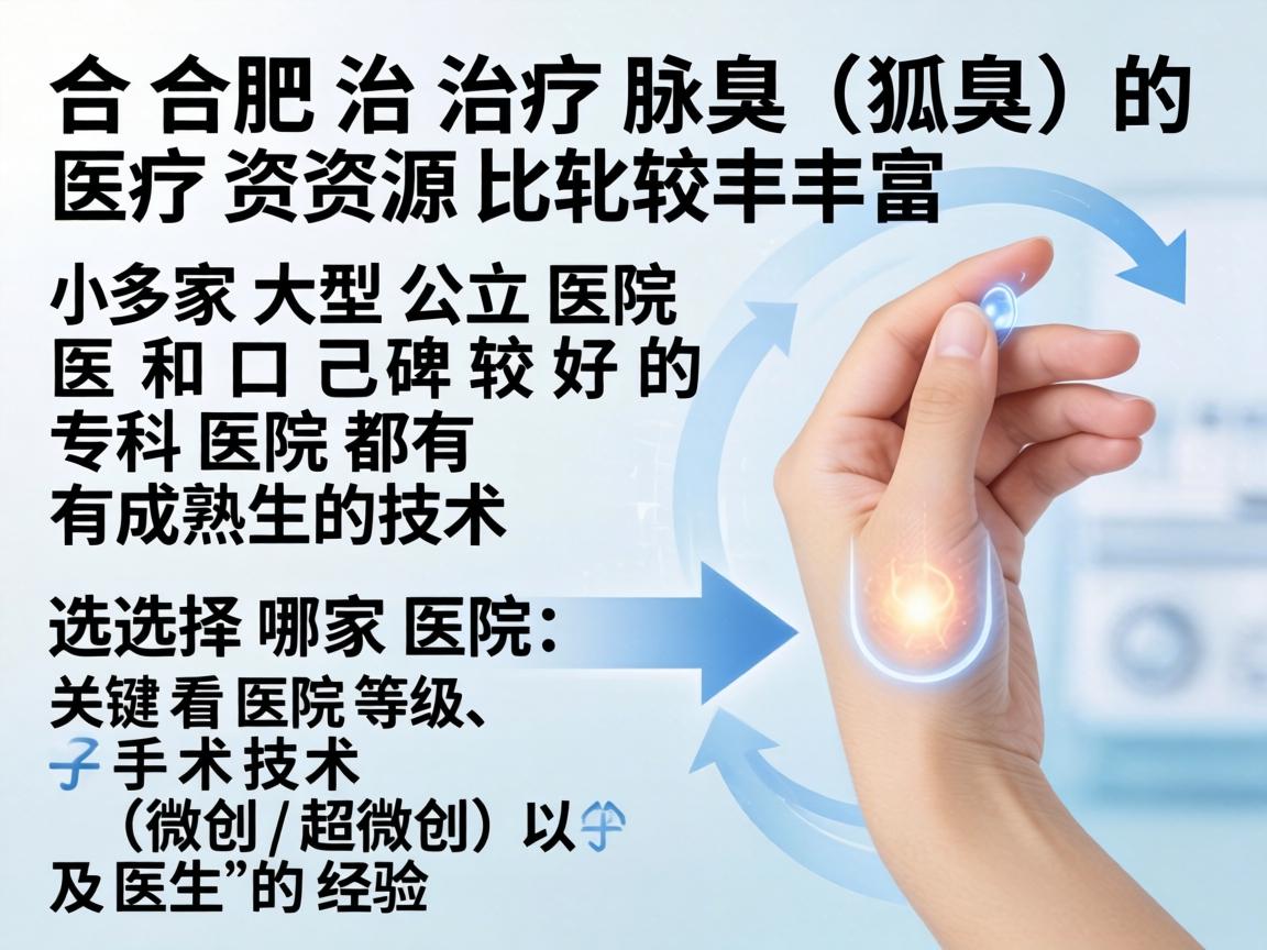 在合肥,治疗腋臭(狐臭)的医疗资源比较丰富,多家大型公立医院和口碑较好的专科医院都有成熟的技术。选择哪家医院,关键看医院等级、手术技术(微创/超微创)以及医生的经验 在合肥,治疗腋臭(狐臭)的医疗资源比较丰富,多家大型公立医院和口碑较好的专科医院都有成熟的技术。选择哪家医院,关键看医院等级、手术技术(微创/超微创)以及医生的经验