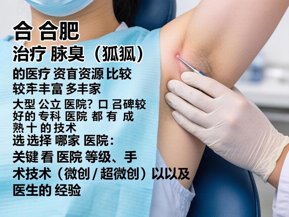 在合肥,治疗腋臭(狐臭)的医疗资源比较丰富,多家大型公立医院和口碑较好的专科医院都有成熟的技术。选择哪家医院,关键看医院等级、手术技术(微创/超微创)以及医生的经验 在合肥,治疗腋臭(狐臭)的医疗资源比较丰富,多家大型公立医院和口碑较好的专科医院都有成熟的技术。选择哪家医院,关键看医院等级、手术技术(微创/超微创)以及医生的经验