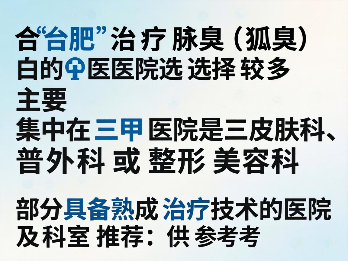 在合肥,治疗腋臭(狐臭)的医院选择较多,主要集中在三甲医院的皮肤科、普外科或整形美容科。以下是部分具备成熟治疗技术的医院及科室推荐,供参考 在合肥,治疗腋臭(狐臭)的医院选择较多,主要集中在三甲医院的皮肤科、普外科或整形美容科。以下是部分具备成熟治疗技术的医院及科室推荐,供参考