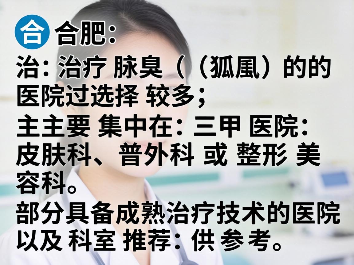 在合肥,治疗腋臭(狐臭)的医院选择较多,主要集中在三甲医院的皮肤科、普外科或整形美容科。以下是部分具备成熟治疗技术的医院及科室推荐,供参考 在合肥,治疗腋臭(狐臭)的医院选择较多,主要集中在三甲医院的皮肤科、普外科或整形美容科。以下是部分具备成熟治疗技术的医院及科室推荐,供参考