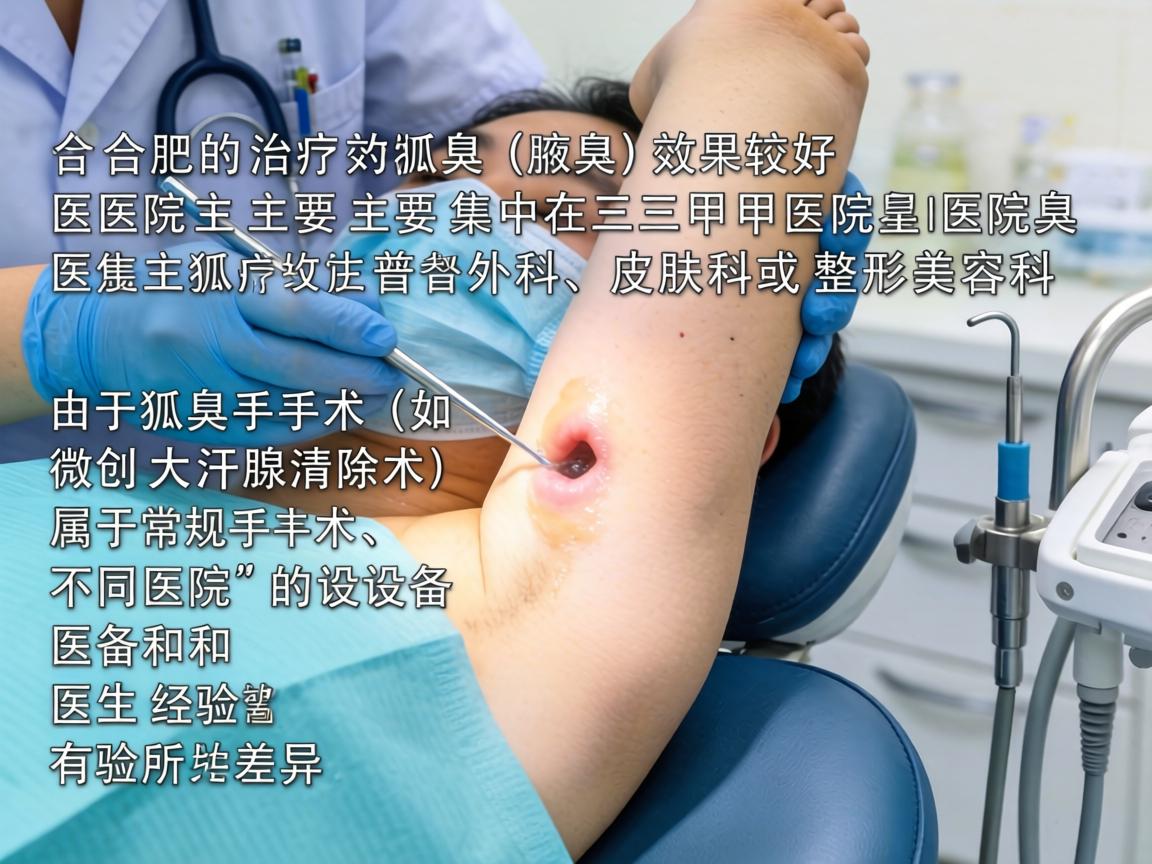 在合肥,治疗狐臭(腋臭)效果较好的医院主要集中在三甲医院的普外科、皮肤科或整形美容科。由于狐臭手术(如微创大汗腺清除术)属于常规手术,不同医院的设备和医生经验有所差异 在合肥,治疗狐臭(腋臭)效果较好的医院主要集中在三甲医院的普外科、皮肤科或整形美容科。由于狐臭手术(如微创大汗腺清除术)属于常规手术,不同医院的设备和医生经验有所差异